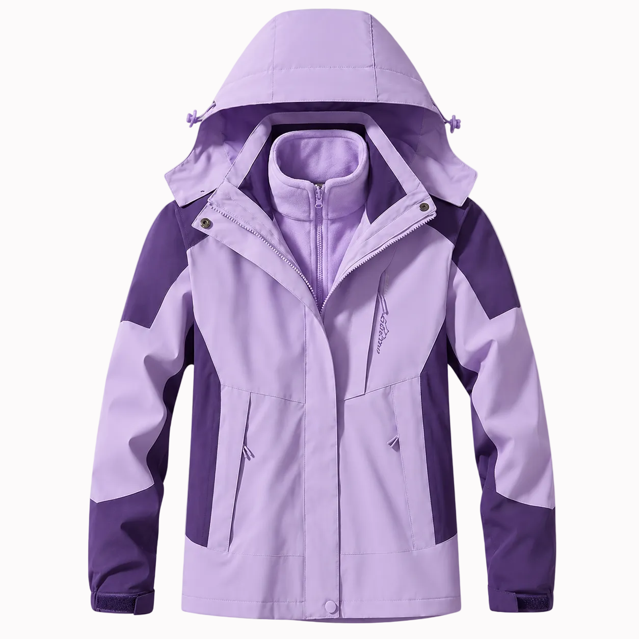 Jaqueta feminina 3 em 1 alpine falpine lavanda e roxa impermeável com capuz removível e bolsos com zíper