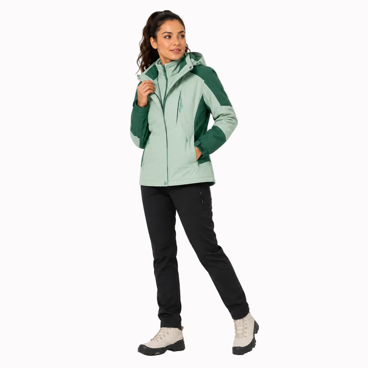 Jaqueta feminina 3 em 1 alpine falpine em tons verde e menta com capuz bolsos com zíper e logo discreto no peito