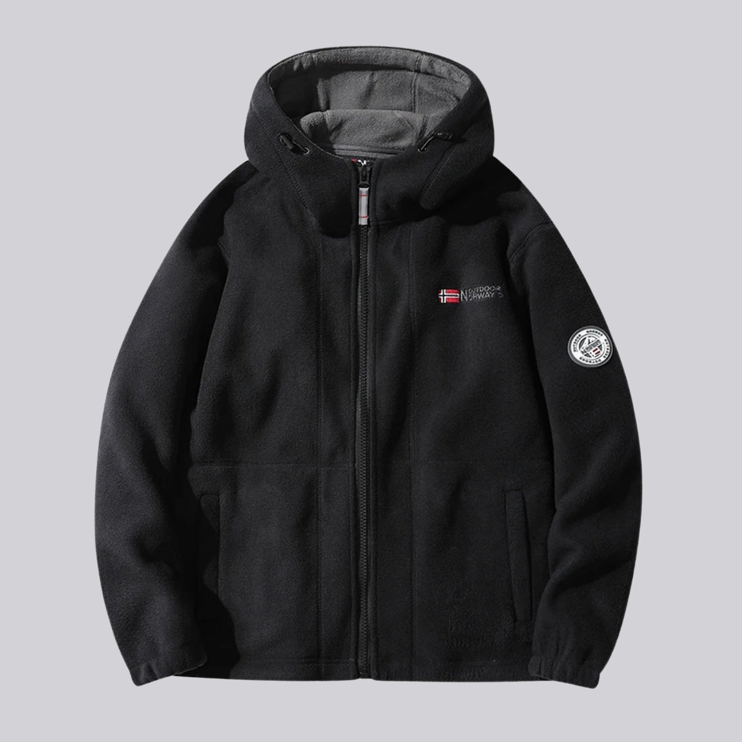 Jaqueta masculina fleece tunner falpine preta com capuz, zíper frontal, forro cinza e patches bordados no peito e manga