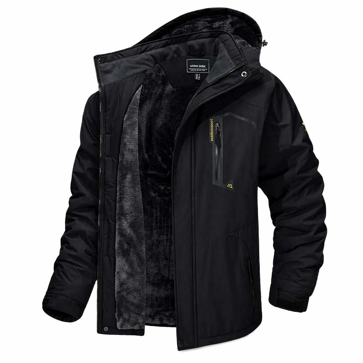 Jaqueta masculina térmica snow ice falpine preta com forro interno cinza plush e detalhes sutis amarelos