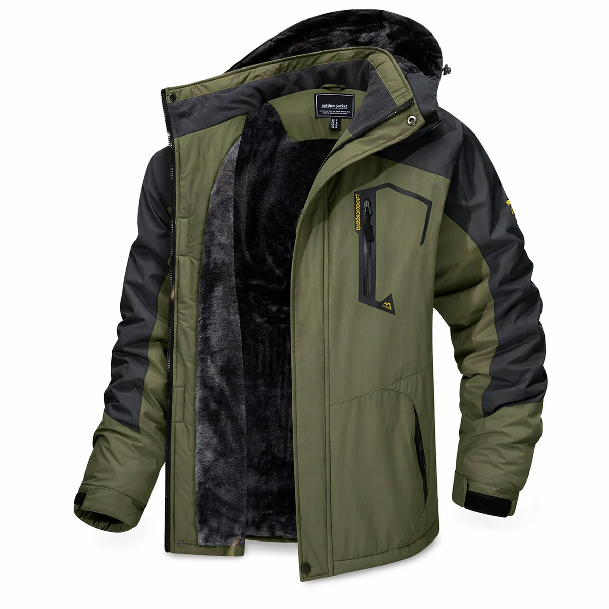 Jaqueta masculina térmica snow ice falpine verde-oliva e preta com forro fleece cinza escuro peludo