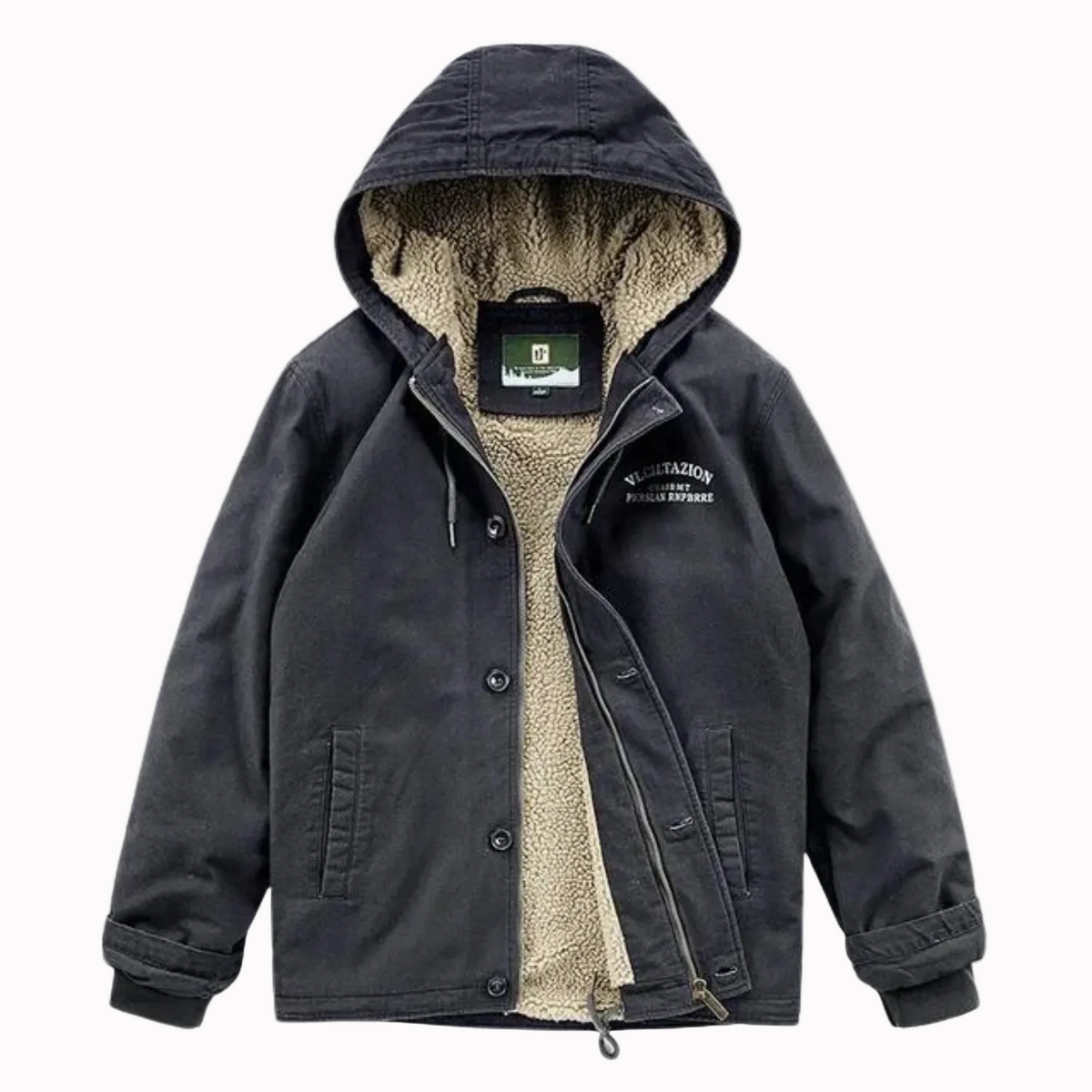 Jaqueta masculina outlander falpine cinza escuro com forro sherpa bege e botões pretos