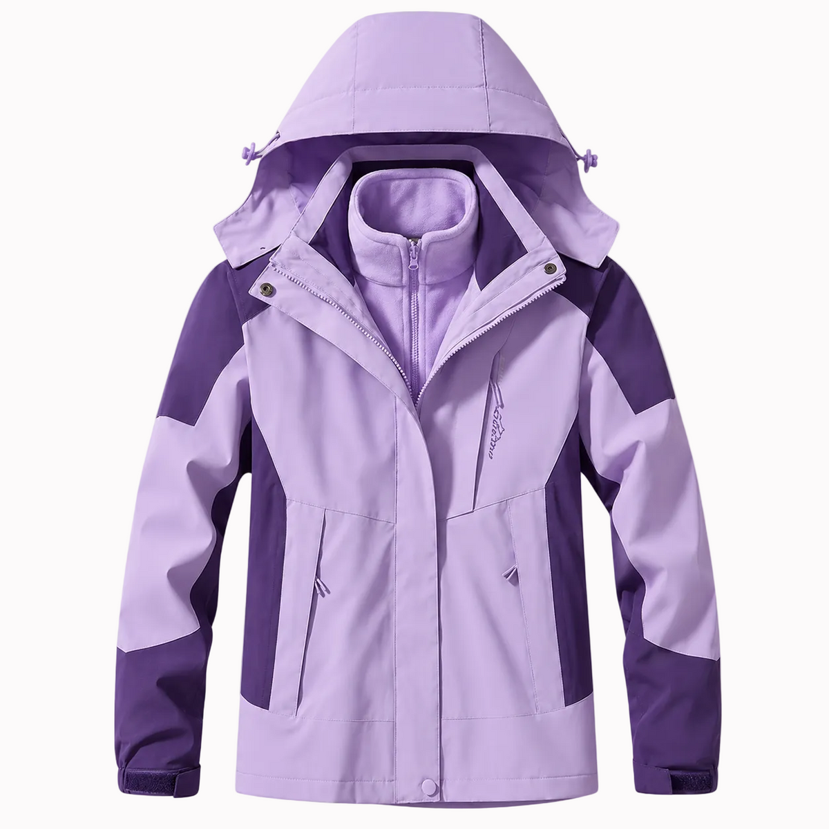 Jaqueta feminina 3 em 1 alpine falpine lavanda e roxa impermeável com capuz removível e bolsos com zíper