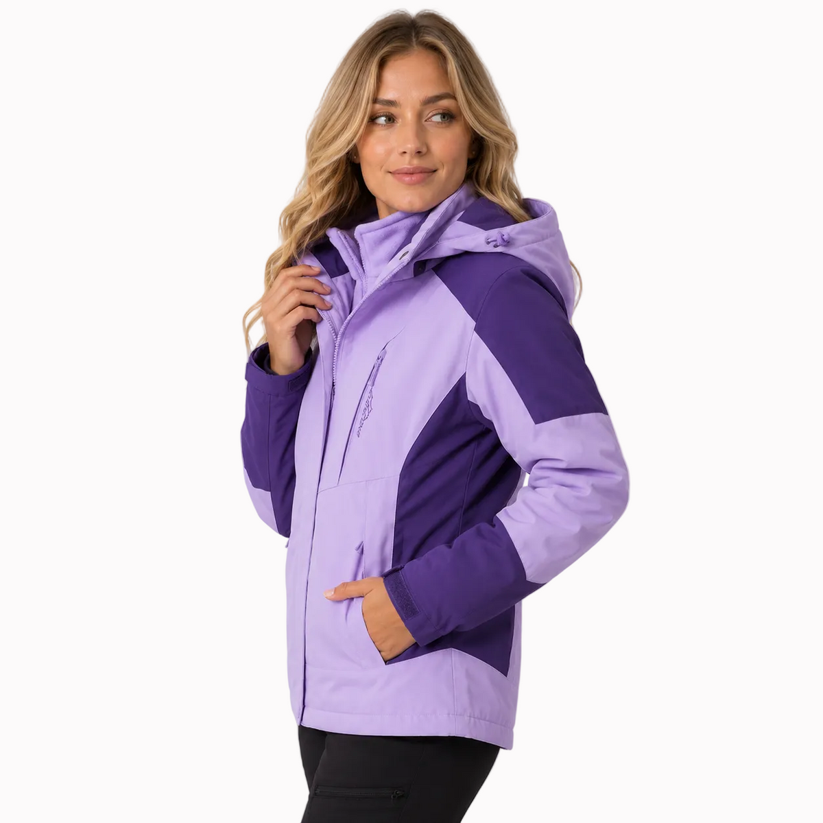 Jaqueta feminina 3 em 1 alpine falpine em tom violeta e lavanda, impermeável com capuz, zíper frontal e bolsos