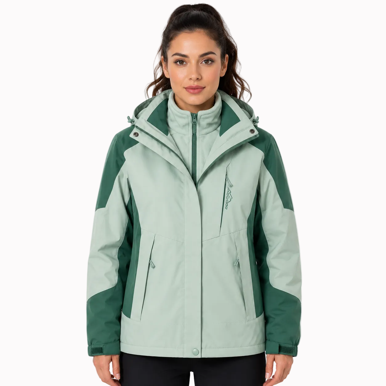 Jaqueta feminina 3 em 1 alpine falpine verde dois tons com capuz zíper frontal e bolsos laterais para outdoor