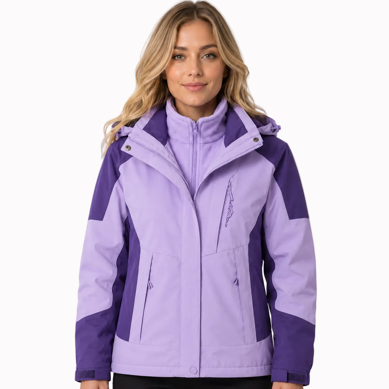 Jaqueta feminina 3 em 1 alpine falpine em tons de roxo e lavanda com capuz removível e bolsos laterais impermeável