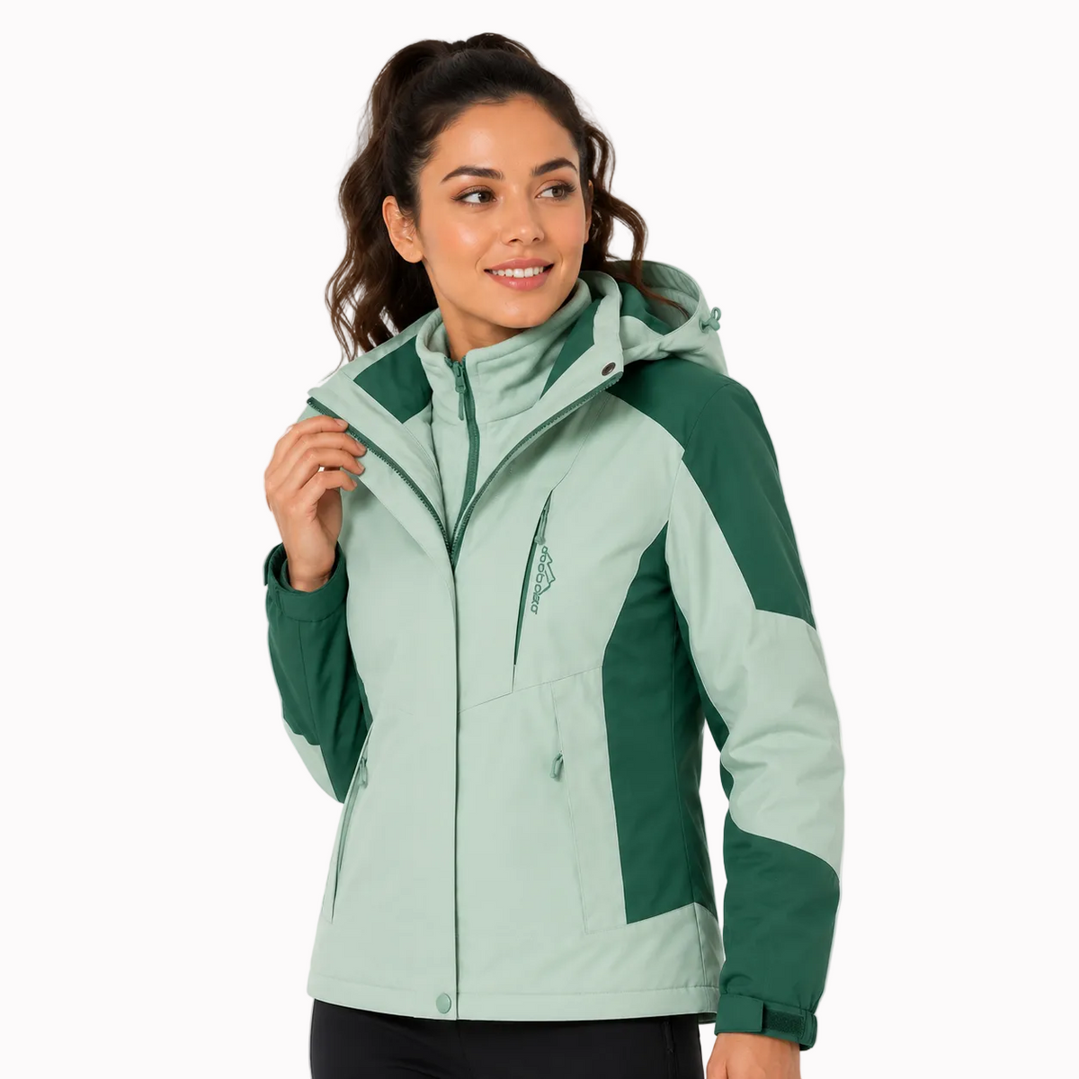 Jaqueta feminina 3 em 1 alpine falpine verde dois tons com capuz, bolsos com zíper e reforços impermeável para trilha