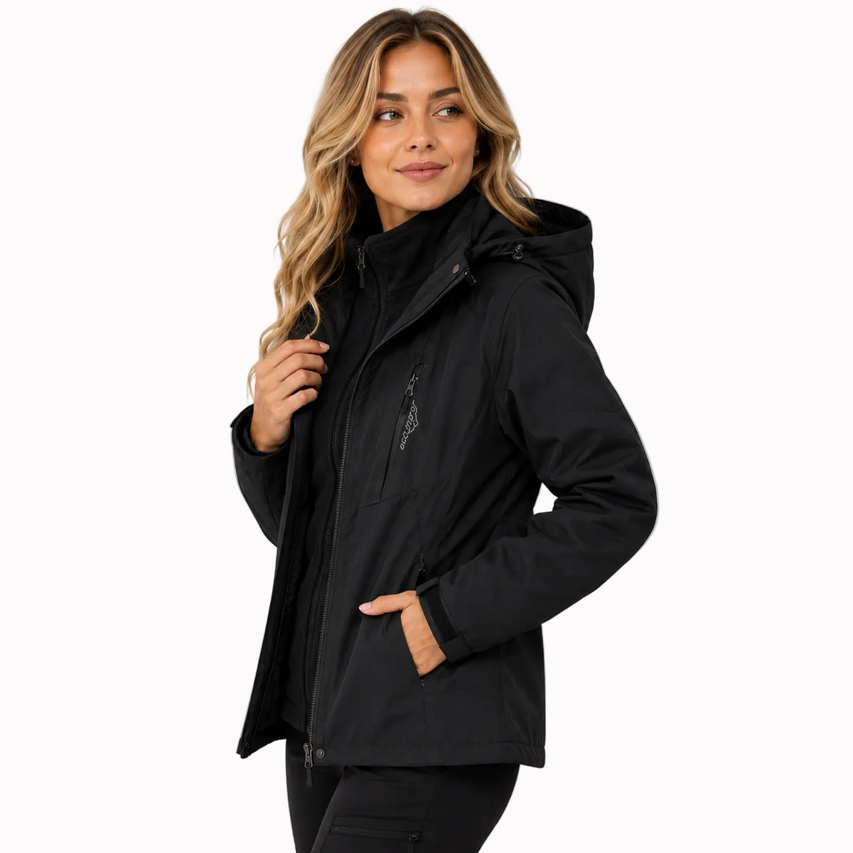 Jaqueta feminina 3 em 1 alpine falpine preta impermeável com capuz e bolsos com zíper para trilha