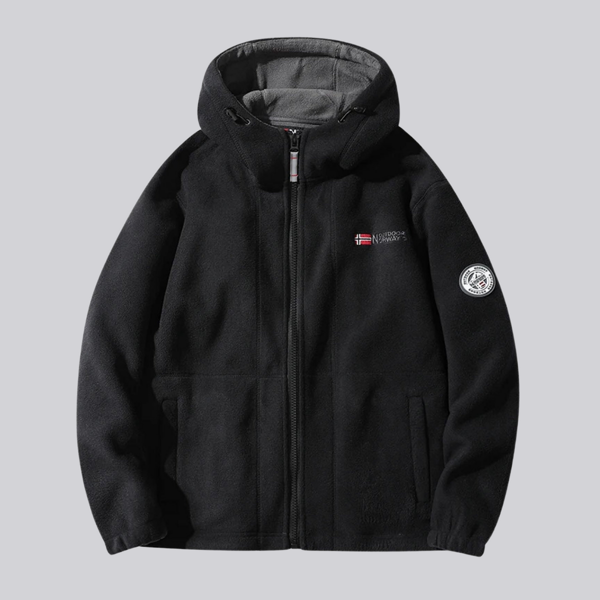 Jaqueta masculina fleece tunner falpine preta com capuz, zíper frontal, forro cinza e patches bordados no peito e manga