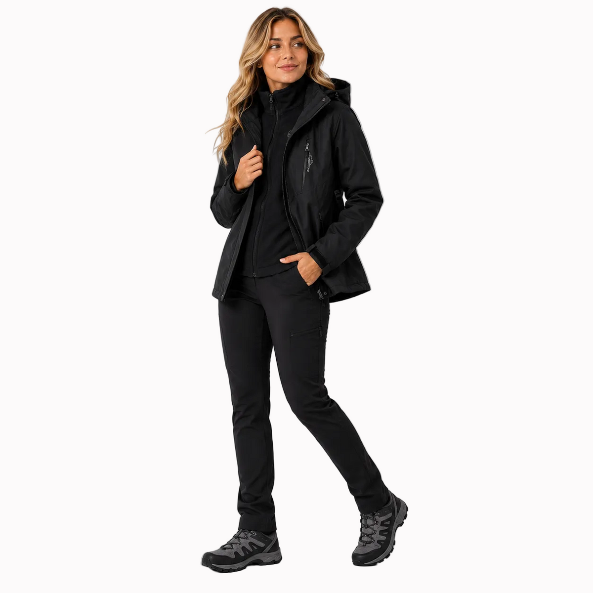 Jaqueta feminina 3 em 1 alpine falpine preta impermeável com capuz e zíper frontal e logo discreto no peito