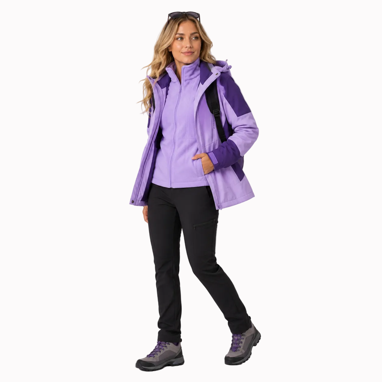Jaqueta feminina 3 em 1 alpine falpine roxa e lavanda com capuz zíper frontal e painéis contrastantes escuros