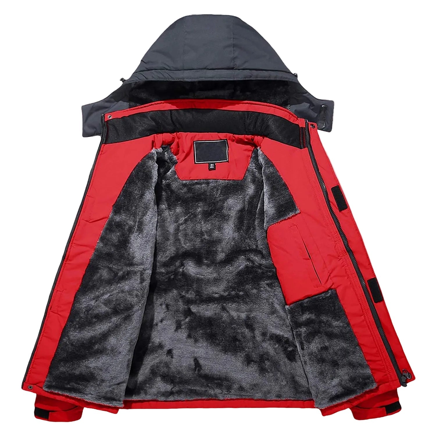 Jaqueta masculina térmica snow ice falpine vermelha e preta com capuz removível e forro de fleece cinza plush
